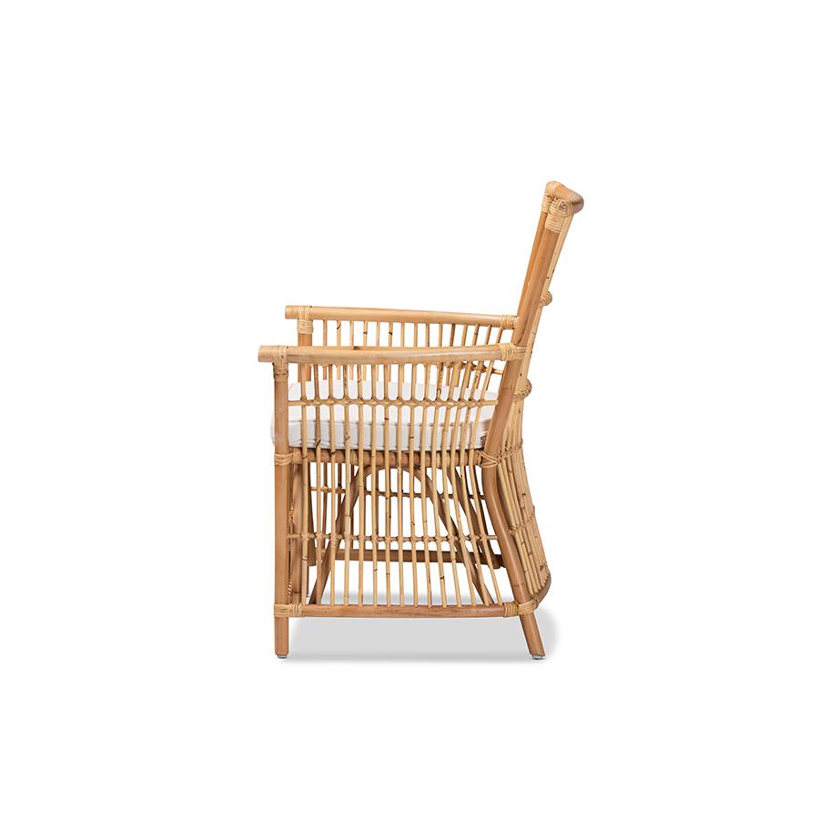 Bohemian White Fabric Upholstered and Natural Brown Rattan Armchair. Picture 3