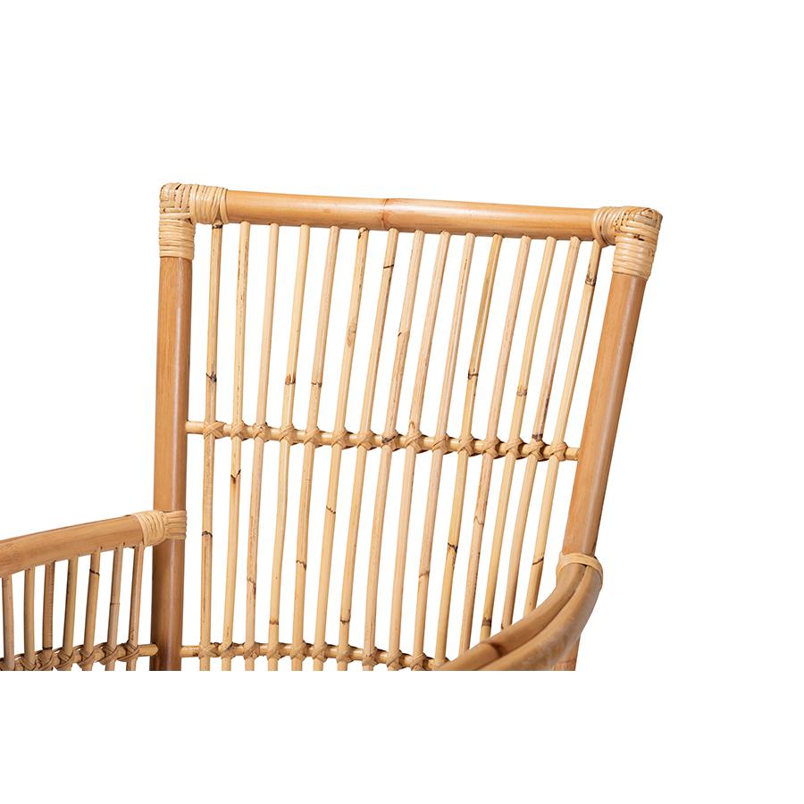 Bohemian White Fabric Upholstered and Natural Brown Rattan Armchair. Picture 5