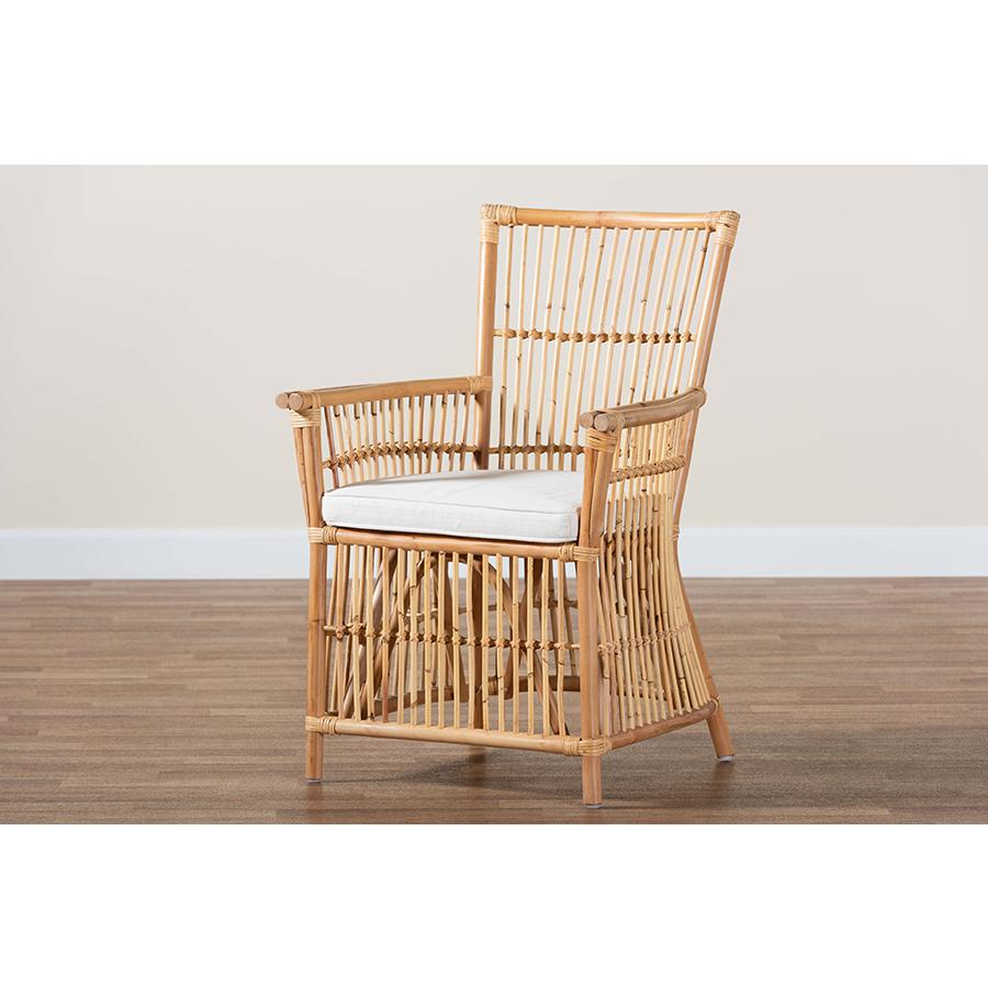 Bohemian White Fabric Upholstered and Natural Brown Rattan Armchair. Picture 9