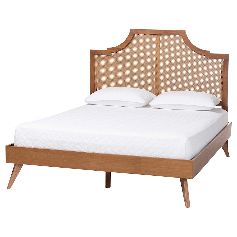 Rodolfo Platform Bed - Mid-Century Modern Bed with Woven Rattan Headboard, Queen. Picture 1