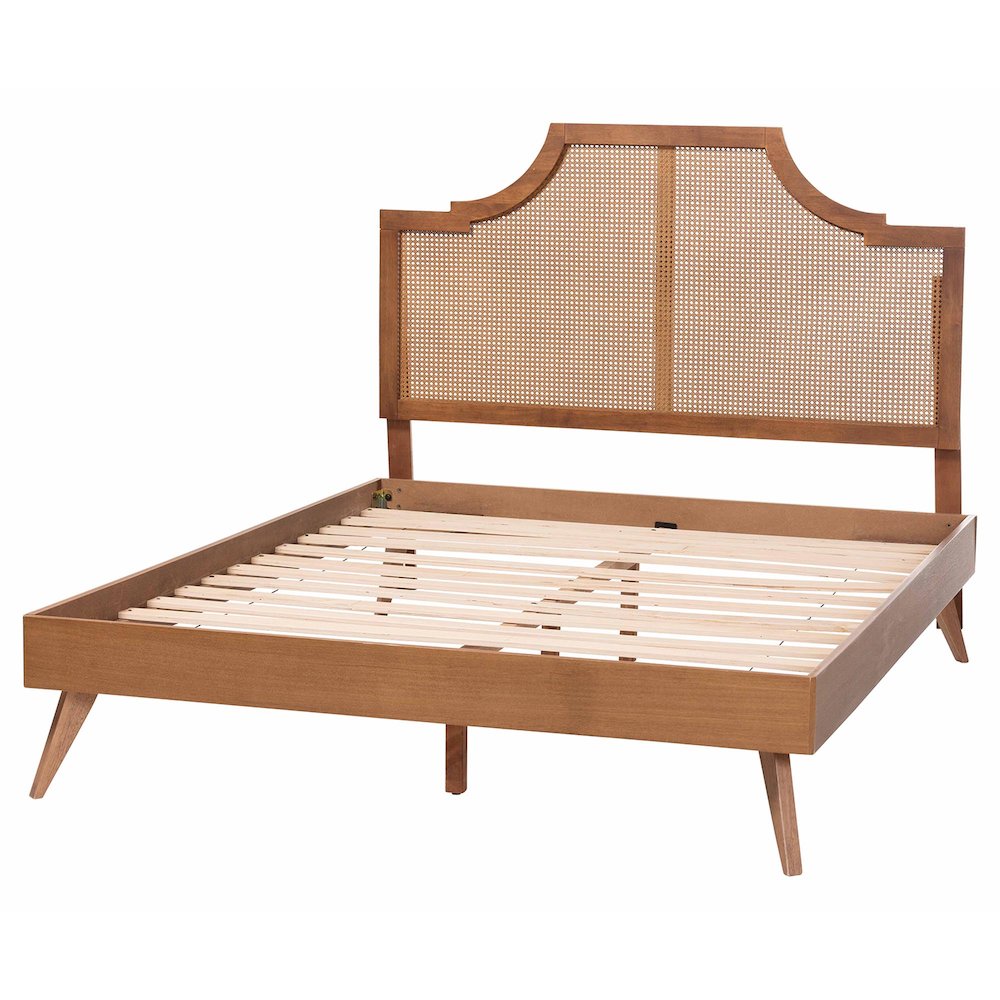 Rodolfo Platform Bed - Mid-Century Modern Bed with Woven Rattan Headboard, Queen. Picture 3
