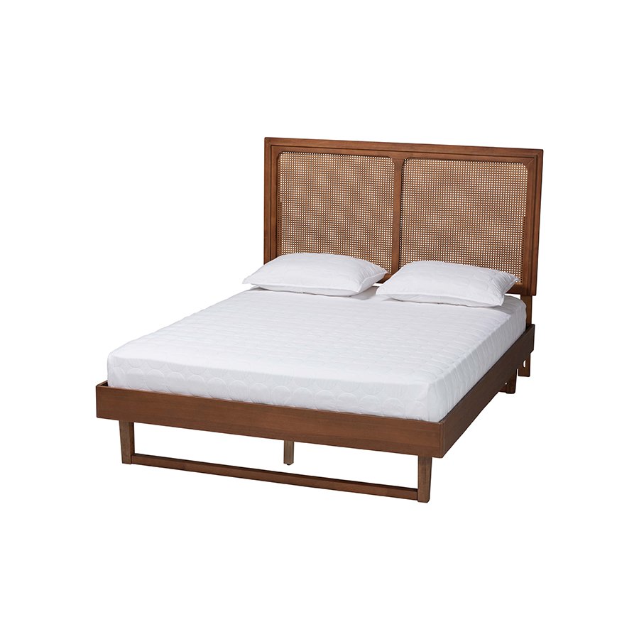 Rondell Mid-Century Modern Ash Walnut Woven Rattan Queen Size Bed. Picture 1