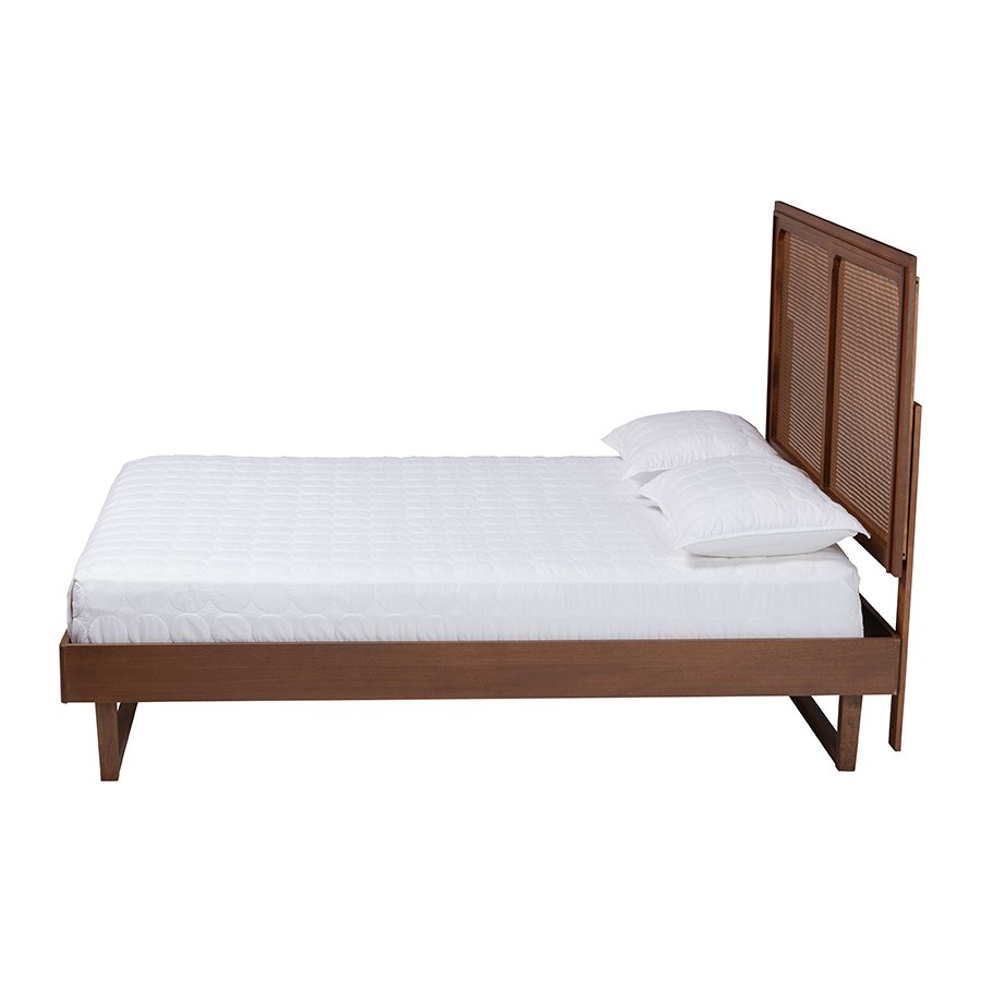 Rondell Mid-Century Modern Ash Walnut Woven Rattan Queen Size Bed. Picture 2