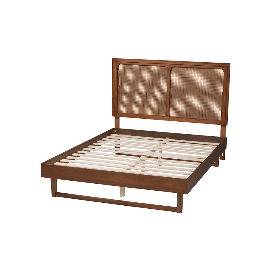 Rondell Mid-Century Modern Ash Walnut Woven Rattan Queen Size Bed. Picture 3