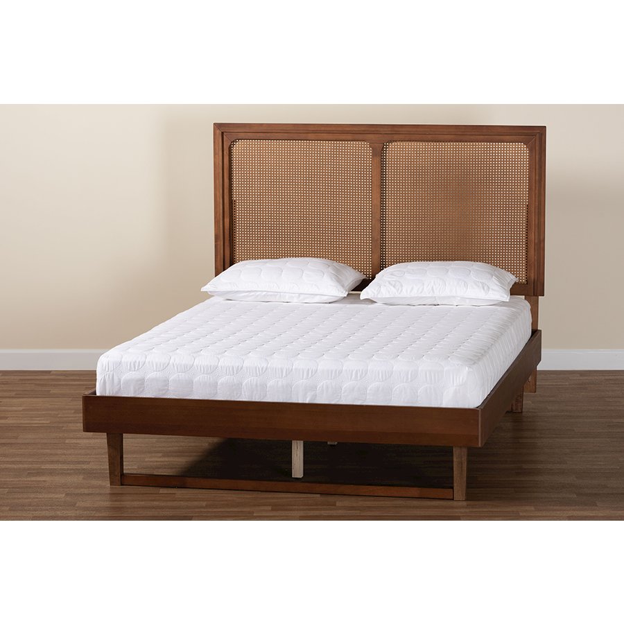 Rondell Mid-Century Modern Ash Walnut Woven Rattan Queen Size Bed. Picture 8