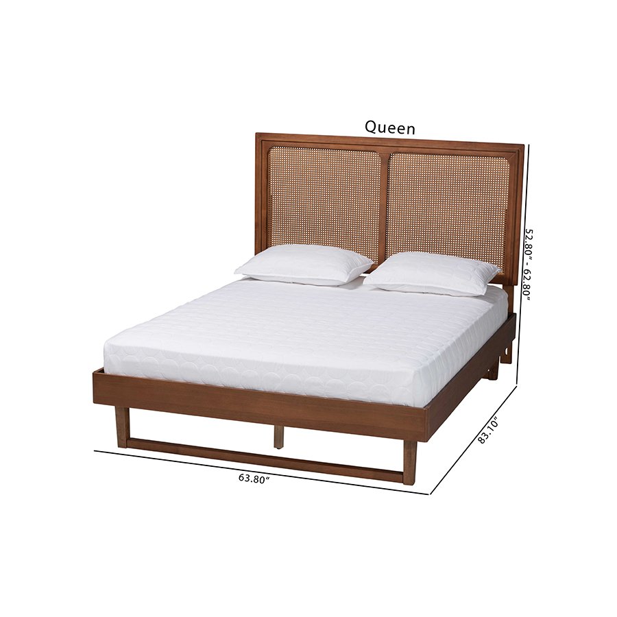 Rondell Mid-Century Modern Ash Walnut Woven Rattan Queen Size Bed. Picture 9