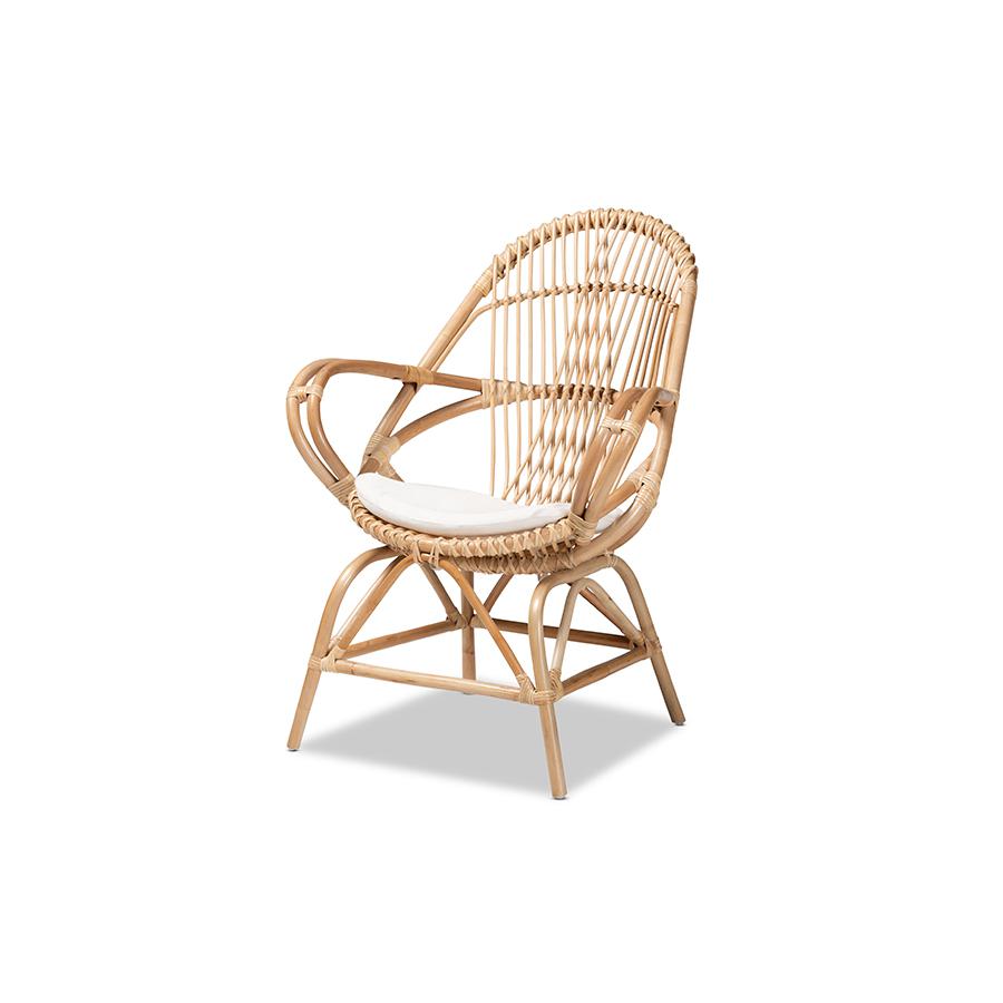 Bohemian White Fabric Upholstered and Natural Brown Finished Rattan Accent Chair. Picture 1