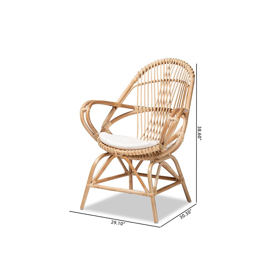 Bohemian White Fabric Upholstered and Natural Brown Finished Rattan Accent Chair. Picture 10