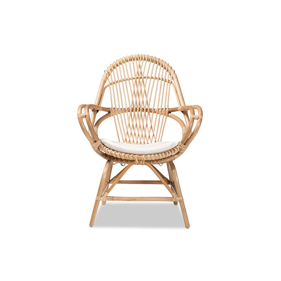 Bohemian White Fabric Upholstered and Natural Brown Finished Rattan Accent Chair. Picture 2