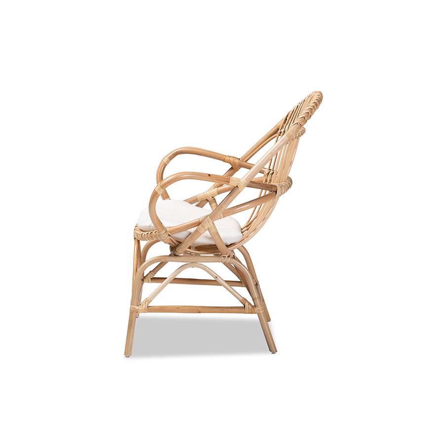 Bohemian White Fabric Upholstered and Natural Brown Finished Rattan Accent Chair. Picture 3