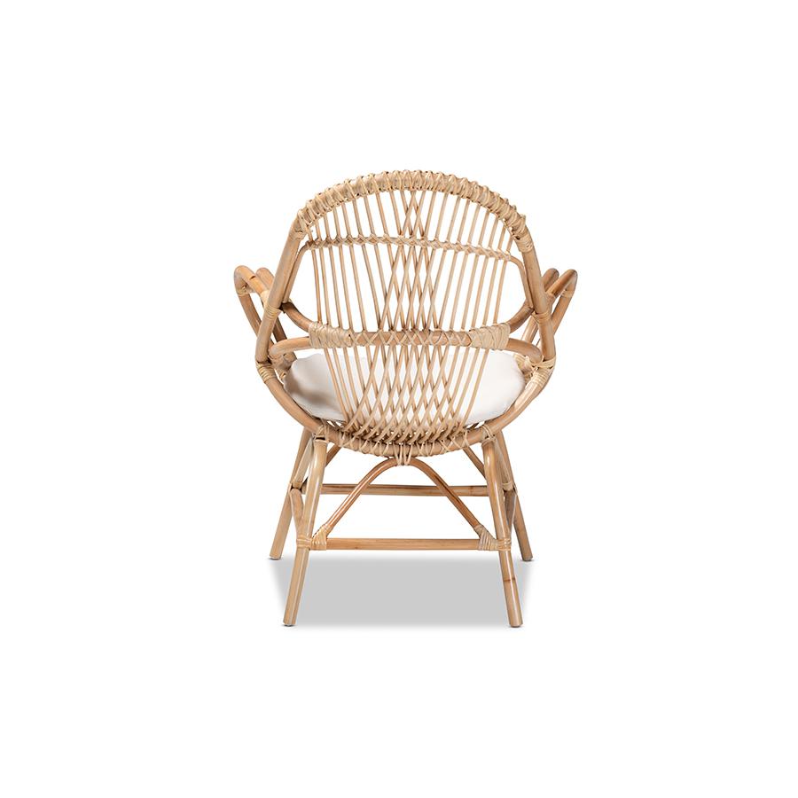 Bohemian White Fabric Upholstered and Natural Brown Finished Rattan Accent Chair. Picture 4