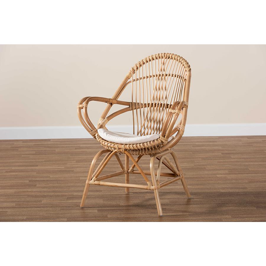 Bohemian White Fabric Upholstered and Natural Brown Finished Rattan Accent Chair. Picture 9