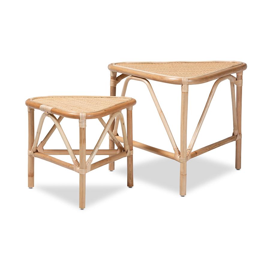 Bohemian Natural Brown Finished Rattan 2-Piece End Table Set. Picture 1