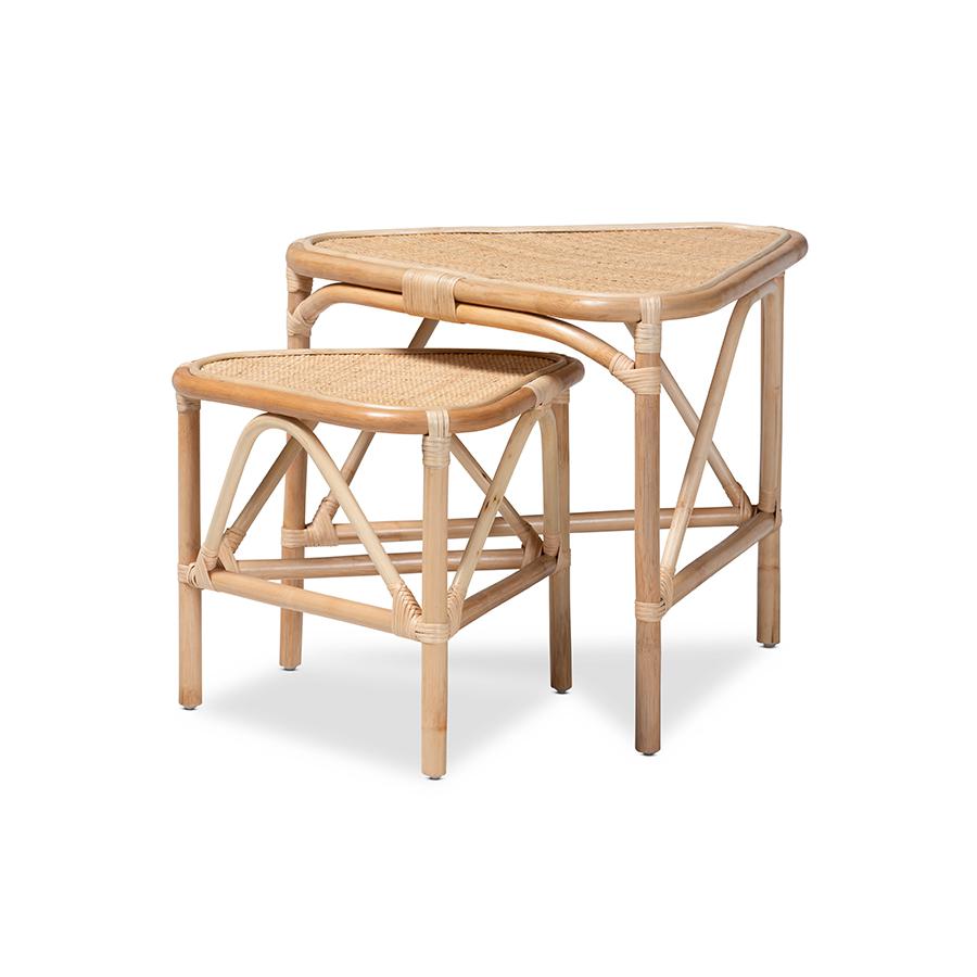 Bohemian Natural Brown Finished Rattan 2-Piece End Table Set. Picture 2