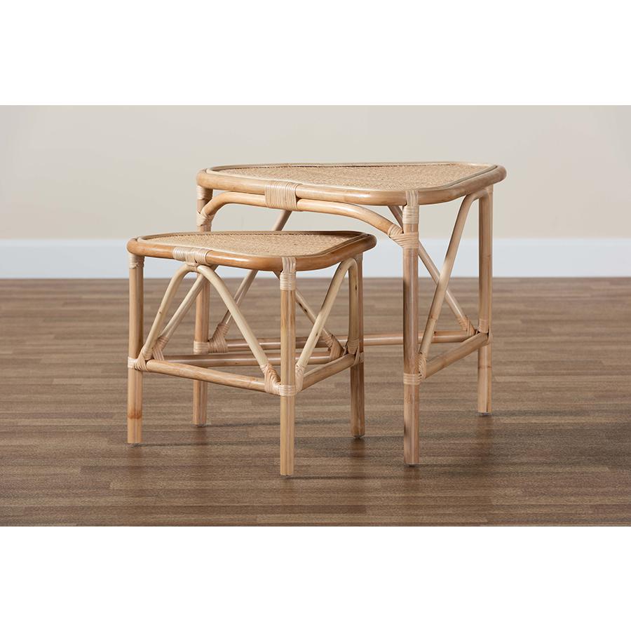 Bohemian Natural Brown Finished Rattan 2-Piece End Table Set. Picture 7