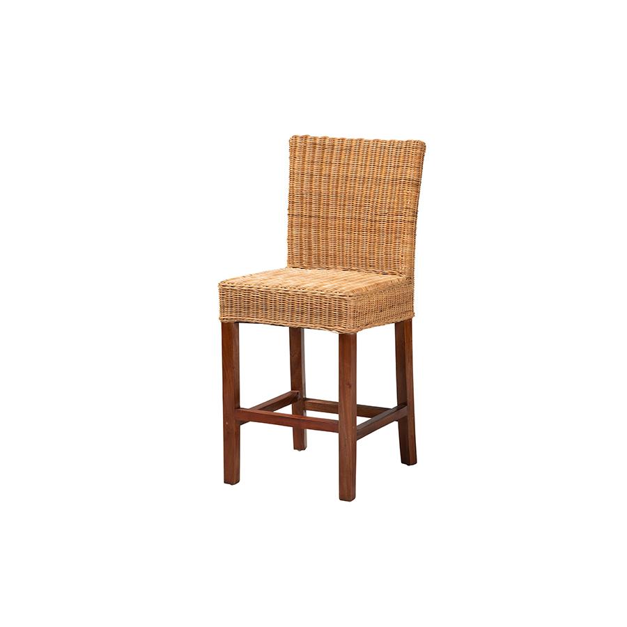 Bohemian Natural Rattan and Mahogany Wood Counter Stool. Picture 1