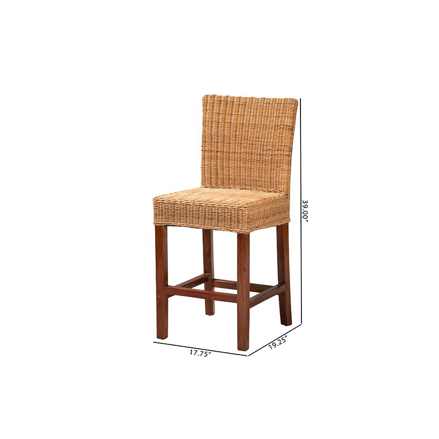 Bohemian Natural Rattan and Mahogany Wood Counter Stool. Picture 10