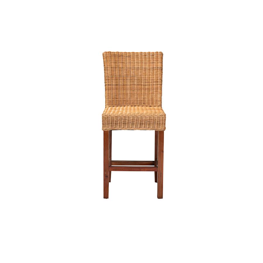 Bohemian Natural Rattan and Mahogany Wood Counter Stool. Picture 2