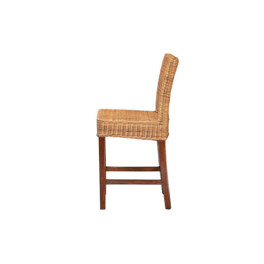 Bohemian Natural Rattan and Mahogany Wood Counter Stool. Picture 3