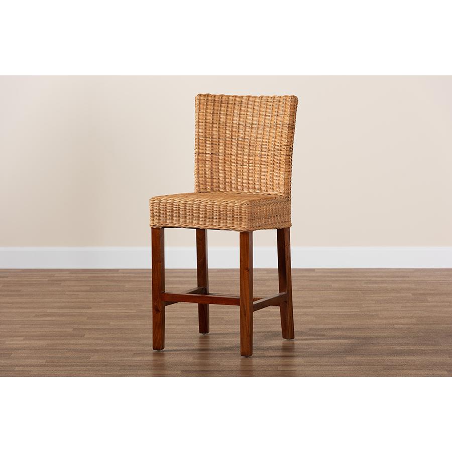 Bohemian Natural Rattan and Mahogany Wood Counter Stool. Picture 9