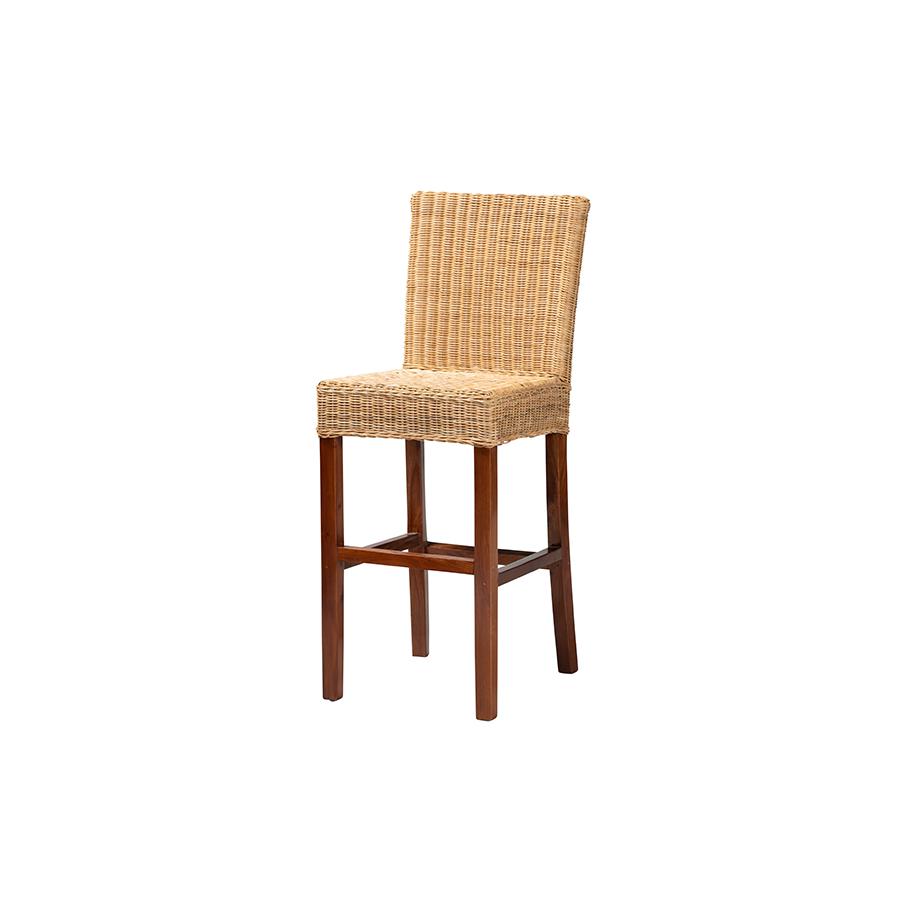 bali & pari Racquel Modern Bohemian Natural Rattan and Mahogany Wood Bar Stool. Picture 1