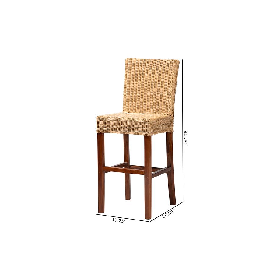 bali & pari Racquel Modern Bohemian Natural Rattan and Mahogany Wood Bar Stool. Picture 10