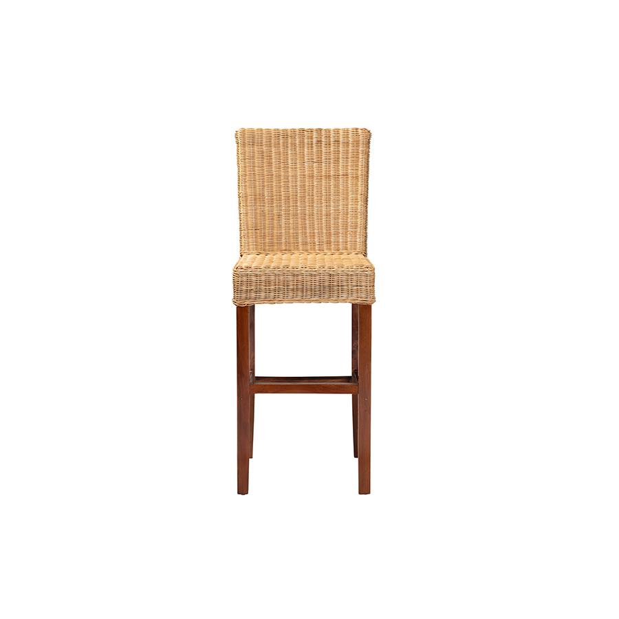 bali & pari Racquel Modern Bohemian Natural Rattan and Mahogany Wood Bar Stool. Picture 2