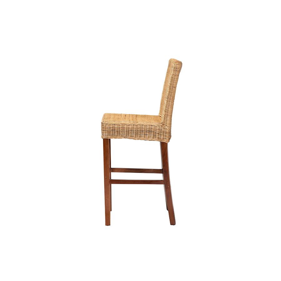 bali & pari Racquel Modern Bohemian Natural Rattan and Mahogany Wood Bar Stool. Picture 3