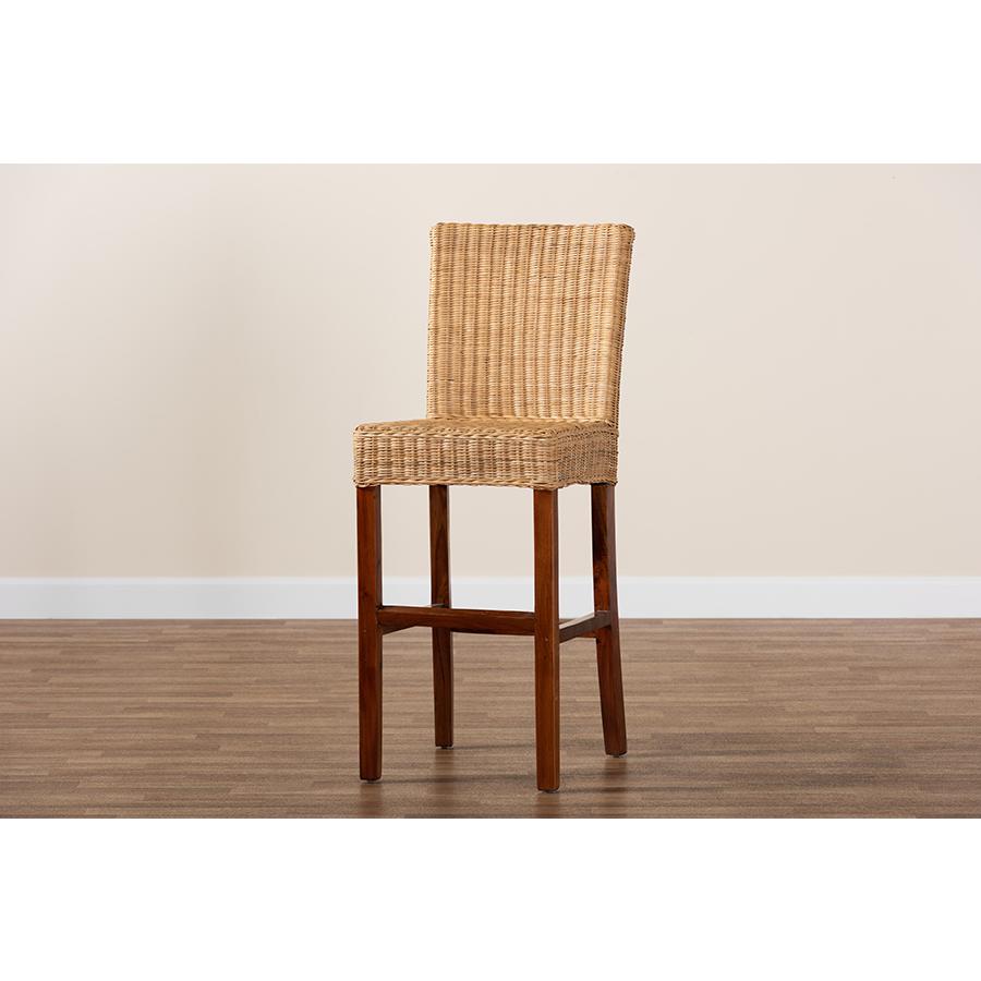 bali & pari Racquel Modern Bohemian Natural Rattan and Mahogany Wood Bar Stool. Picture 9