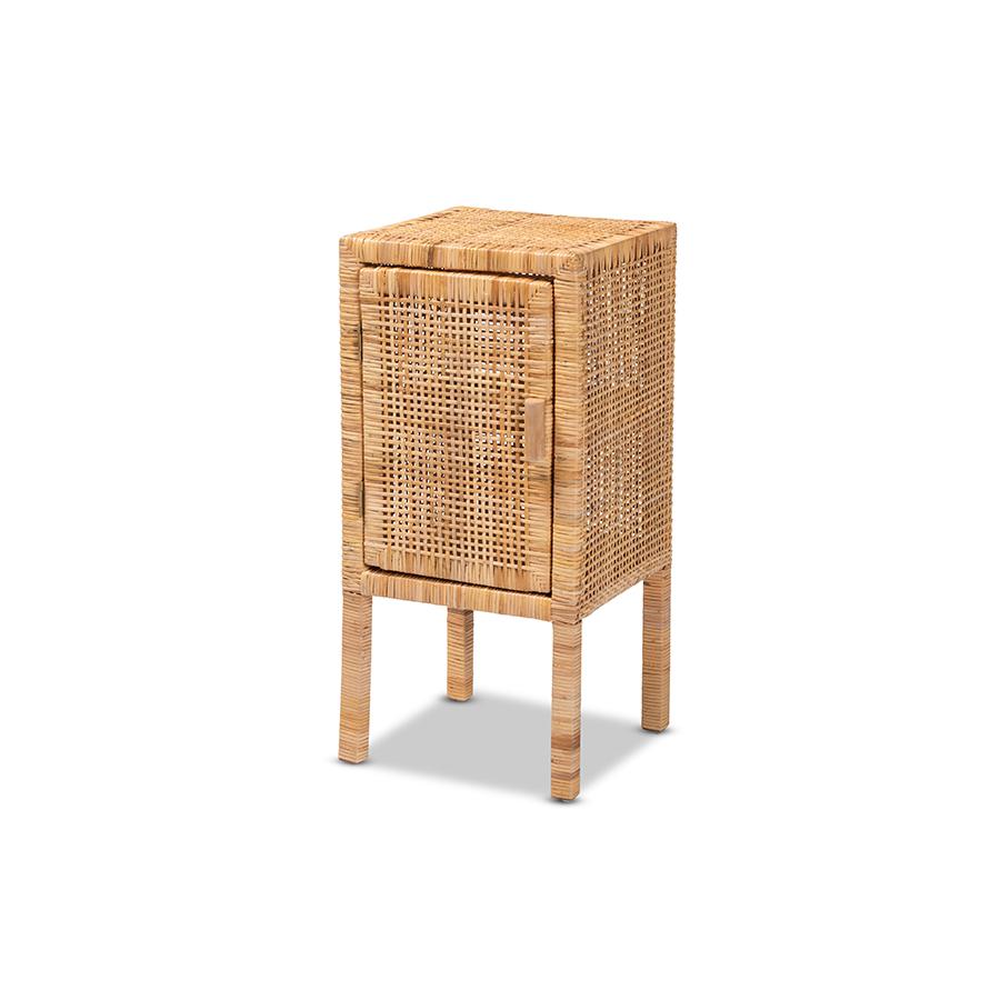 bali & pari Vivan Modern Bohemian Natural Brown Rattan 1-Door Nightstand. Picture 1