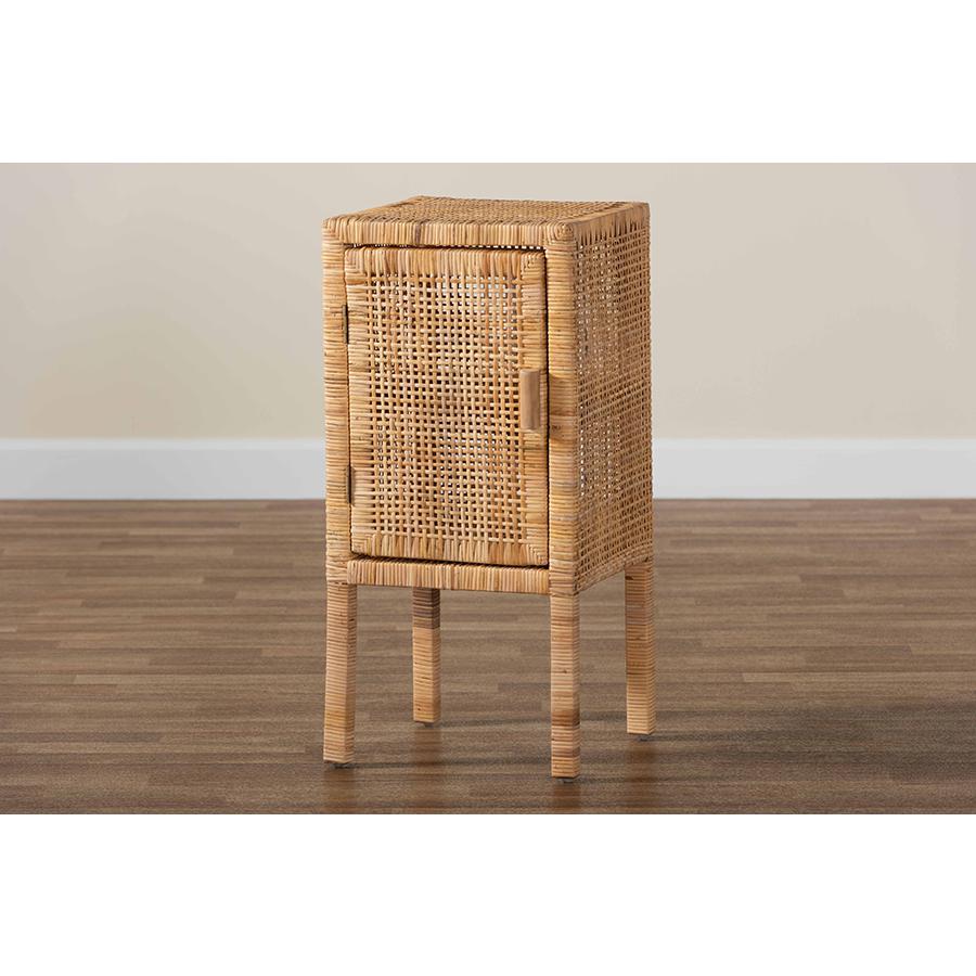 bali & pari Vivan Modern Bohemian Natural Brown Rattan 1-Door Nightstand. Picture 10
