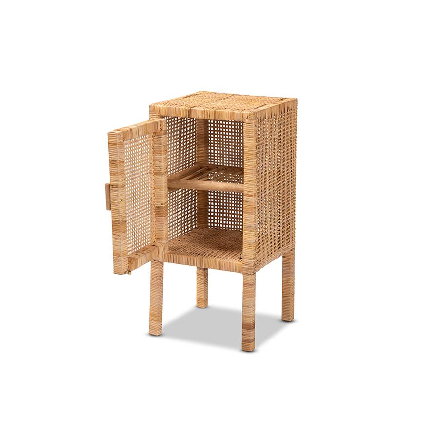 bali & pari Vivan Modern Bohemian Natural Brown Rattan 1-Door Nightstand. Picture 2