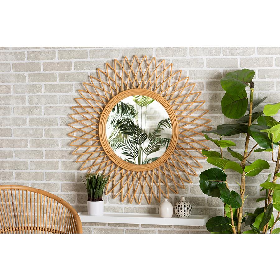 bali & pari Vera Modern Bohemian Natural Brown Rattan Accent Wall Mirror. Picture 3