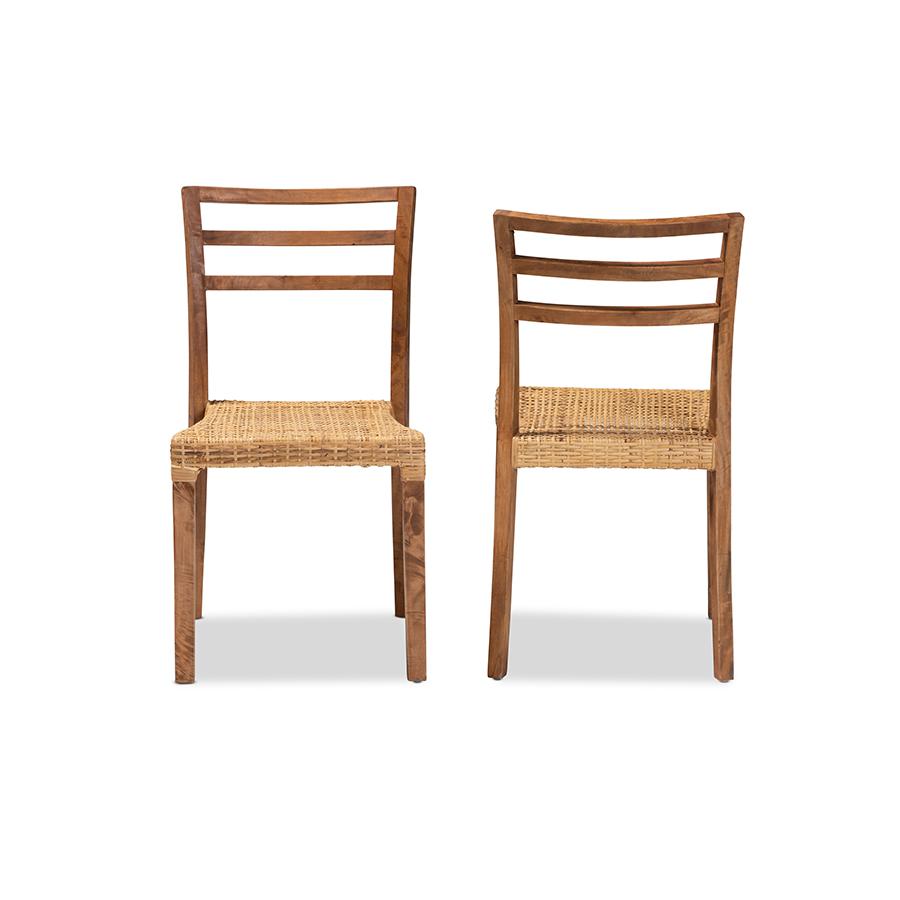 Walnut Brown Mahogany Wood and Natural Rattan 2-Piece Dining Chair Set. Picture 2