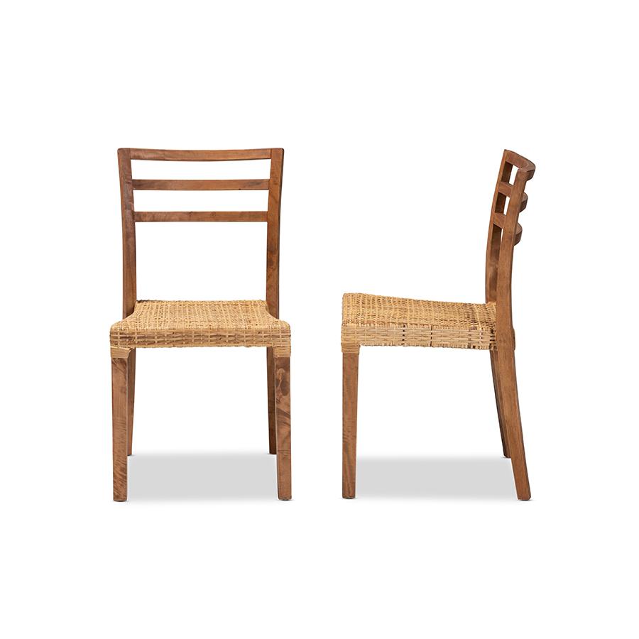 Walnut Brown Mahogany Wood and Natural Rattan 2-Piece Dining Chair Set. Picture 3