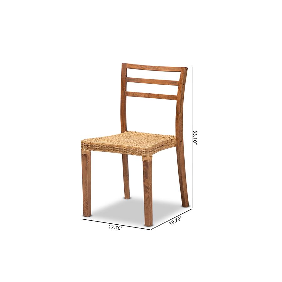 Walnut Brown Mahogany Wood and Natural Rattan 2-Piece Dining Chair Set. Picture 9