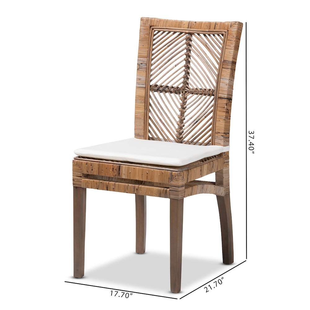 Bohemian Greywashed Natural Rattan and Mahogany Dining Chair with Cushion. Picture 10