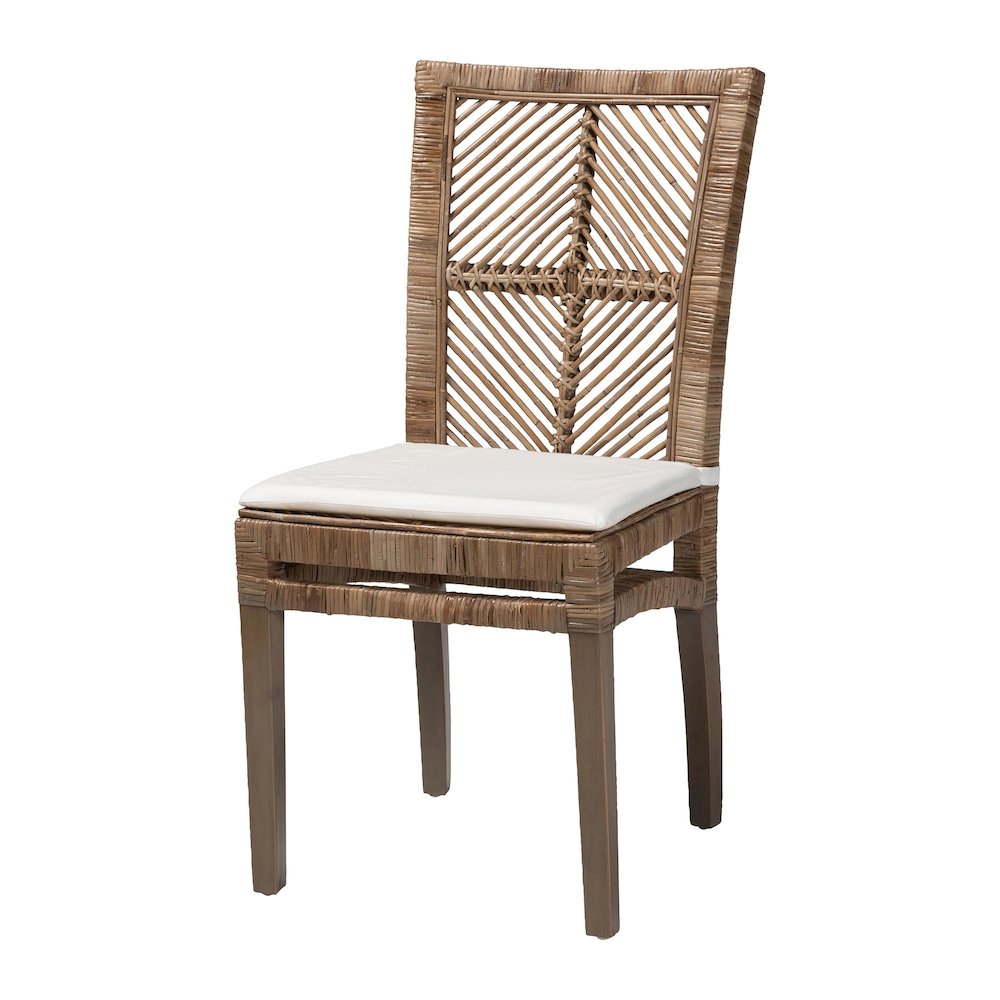 Bohemian Greywashed Natural Rattan and Mahogany Dining Chair with Cushion. Picture 1