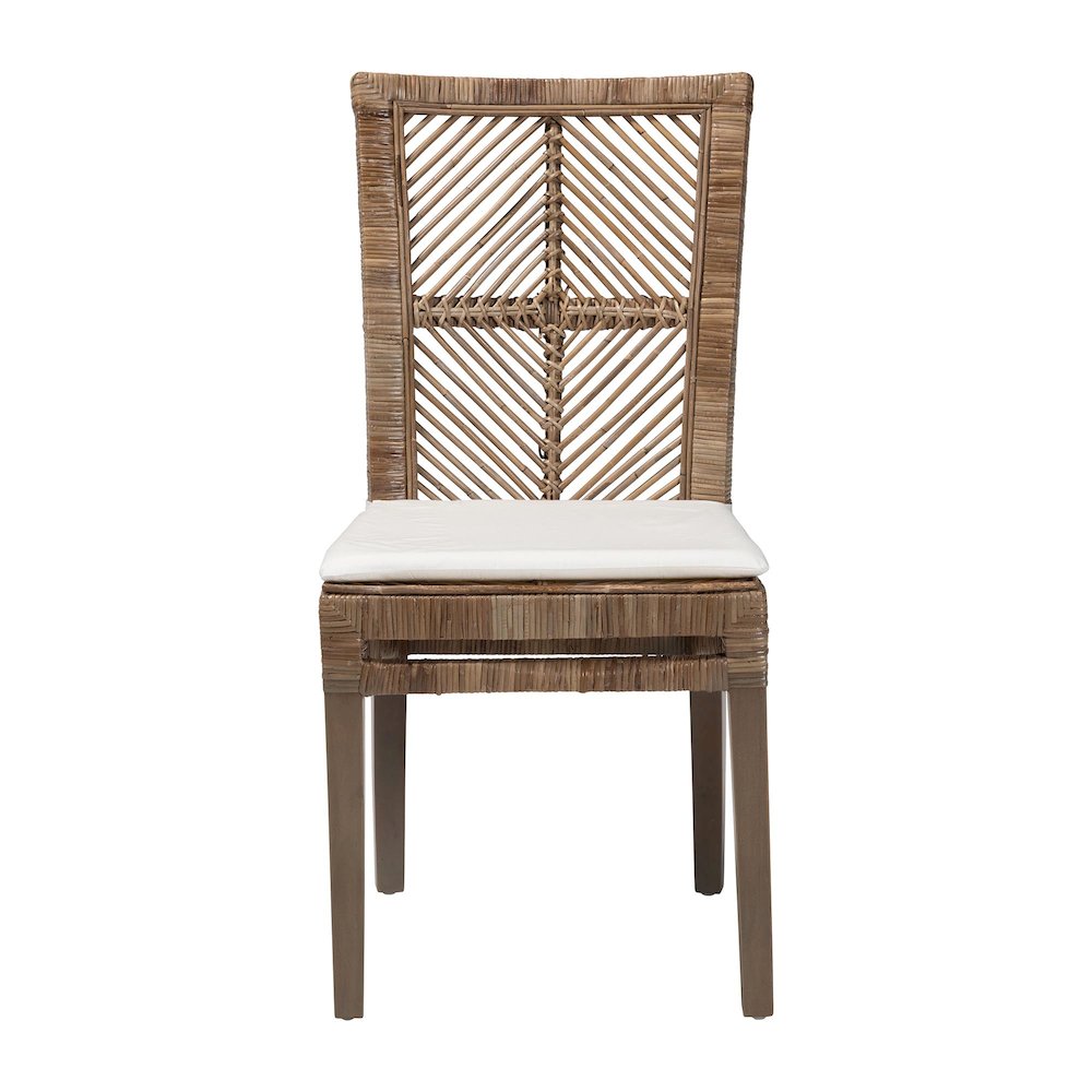 Bohemian Greywashed Natural Rattan and Mahogany Dining Chair with Cushion. Picture 3
