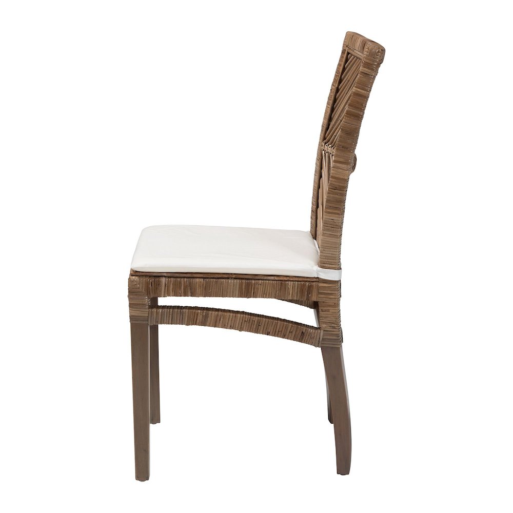Bohemian Greywashed Natural Rattan and Mahogany Dining Chair with Cushion. Picture 4