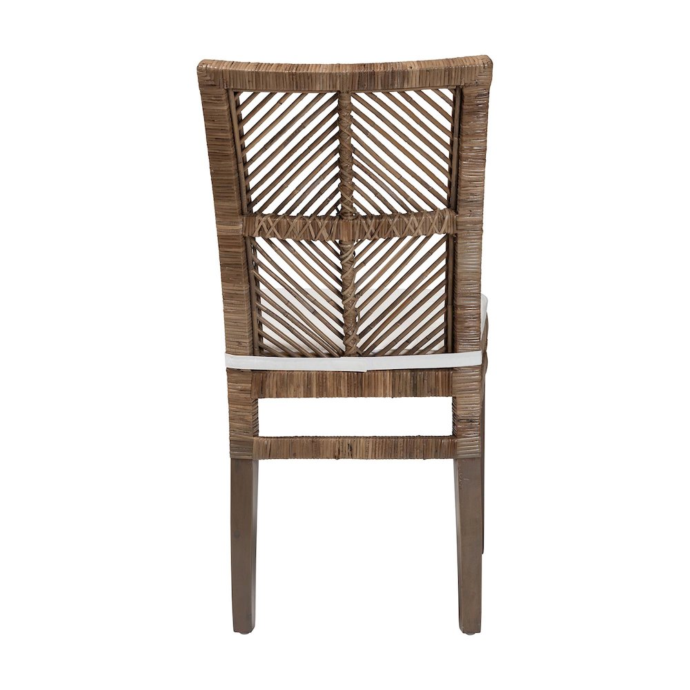 Bohemian Greywashed Natural Rattan and Mahogany Dining Chair with Cushion. Picture 5