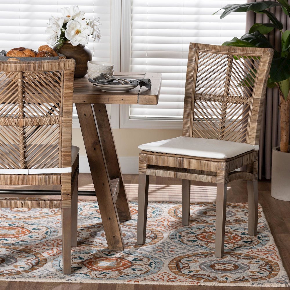 Bohemian Greywashed Natural Rattan and Mahogany Dining Chair with Cushion. Picture 2