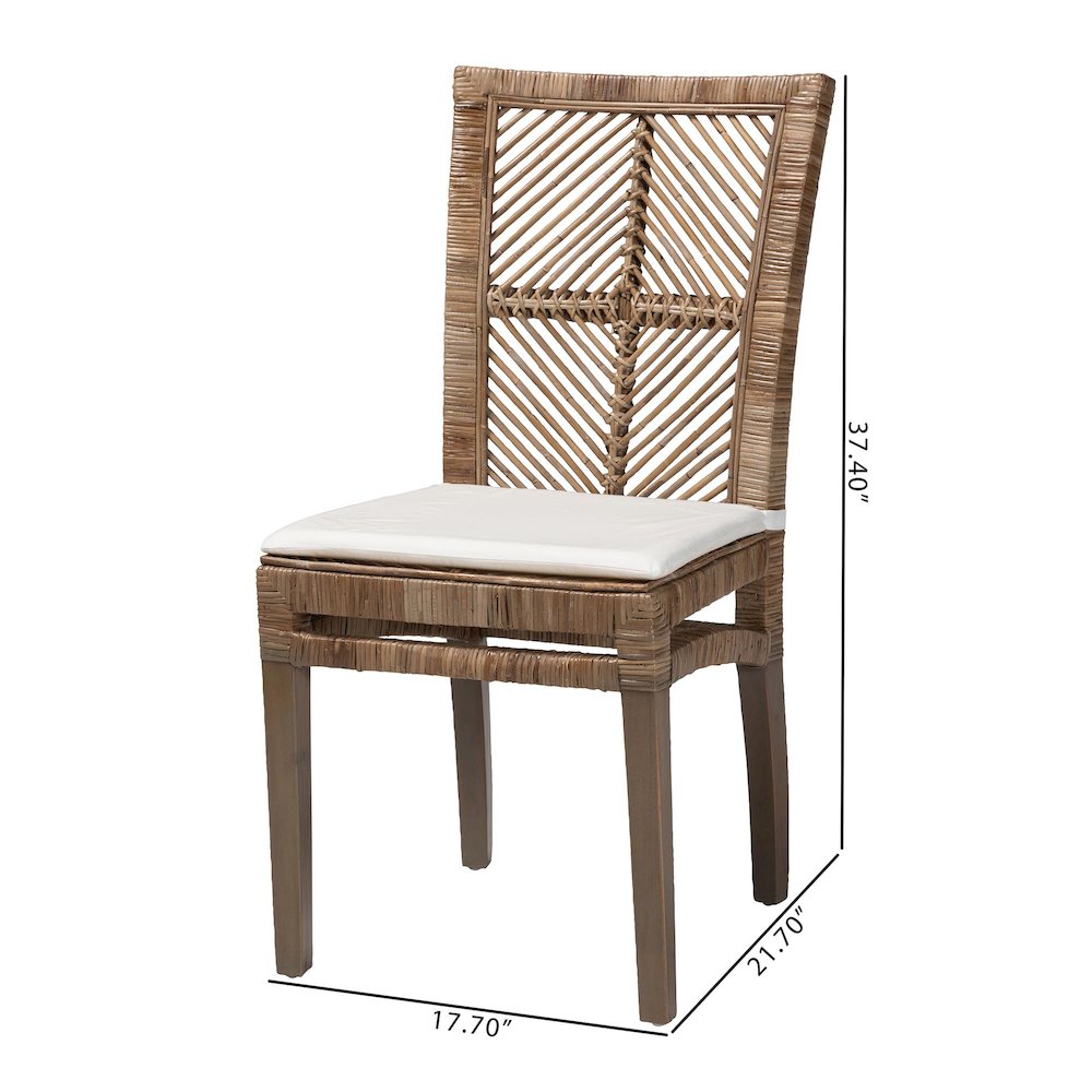 Bohemian Greywashed Natural Rattan and Mahogany Dining Chair with Cushion. Picture 9