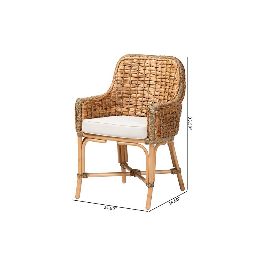 Bohemian Natural Brown Woven Rattan Dining Arm Chair with Cushion. Picture 10