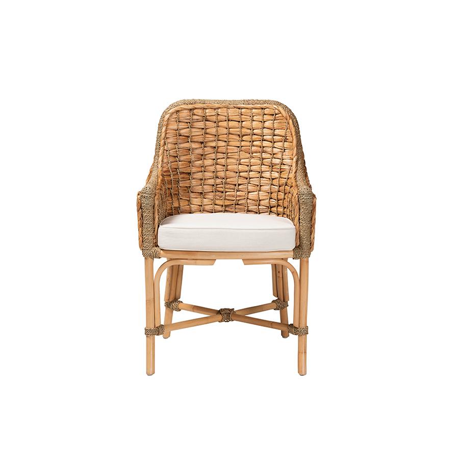 Bohemian Natural Brown Woven Rattan Dining Arm Chair with Cushion. Picture 2