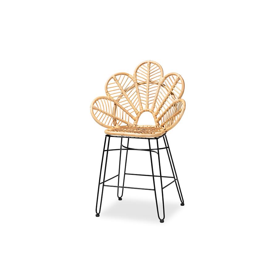Bohemian Natural Brown Rattan and Black Metal Counter Stool. Picture 1