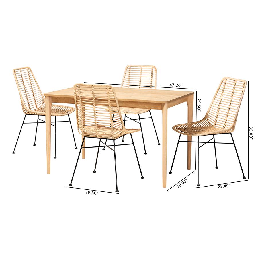 Bohemian Rattan and Natural Oak Finished Wood 5-Piece Dining Set. Picture 10