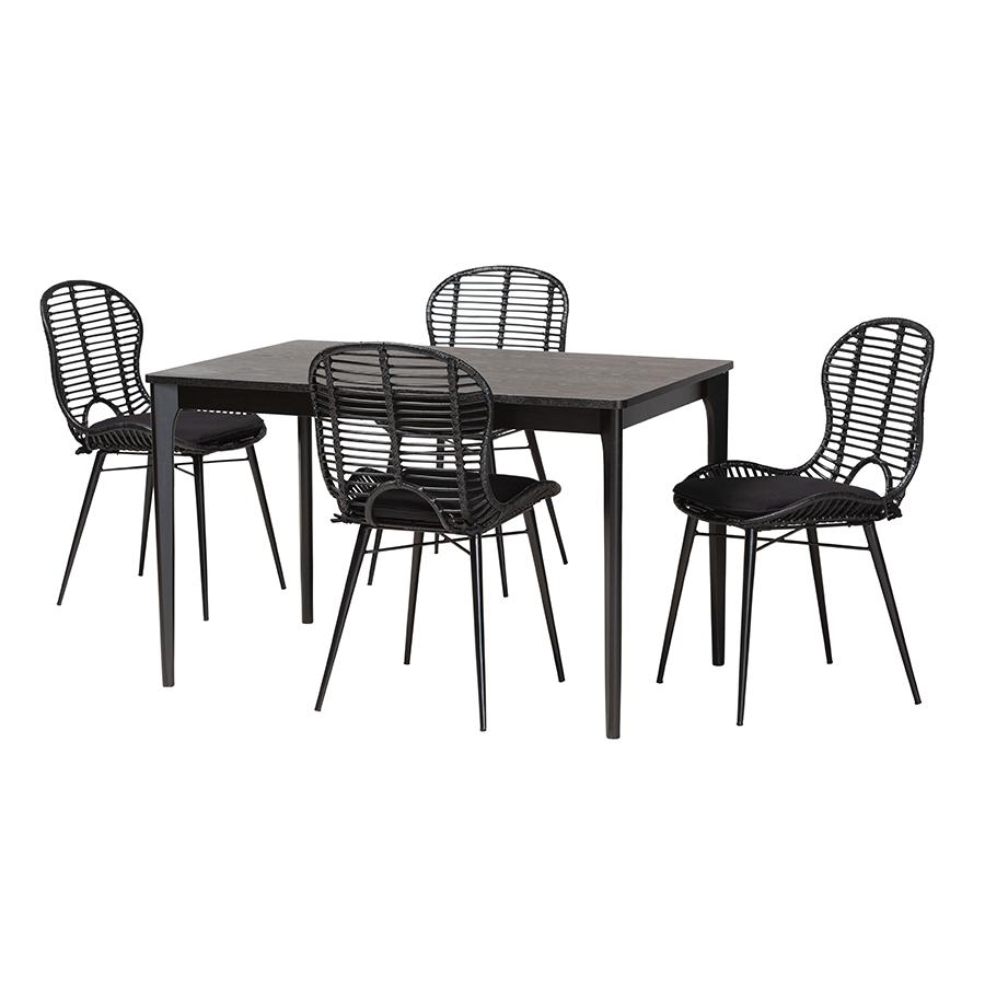 Brenna Modern Bohemian Black Finished Wood and Rattan 5-Piece Dining Set. Picture 1