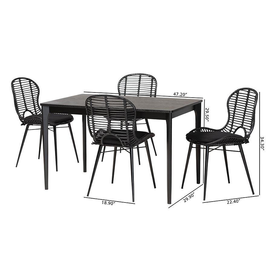 Brenna Modern Bohemian Black Finished Wood and Rattan 5-Piece Dining Set. Picture 10