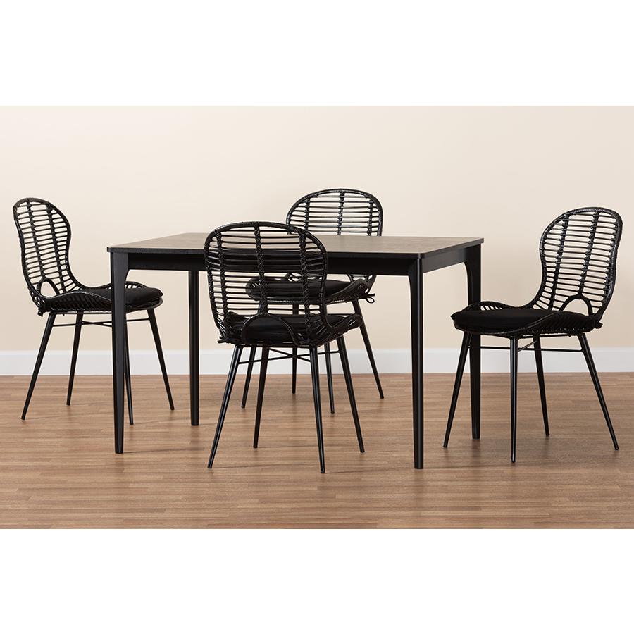 Brenna Modern Bohemian Black Finished Wood and Rattan 5-Piece Dining Set. Picture 9